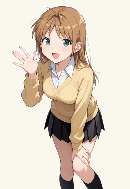 1girl,solo, black skirt, school uniform, brown hair, long hair, yellow sweater, collared shirt, smile,, green eyes, open mouth, black socks, earrings, antenna hair,looking at viewer, kneehighs,
simple background, waving, standing,
,masterpiece, best quality, amazing quality,
<lora:yamada:1>