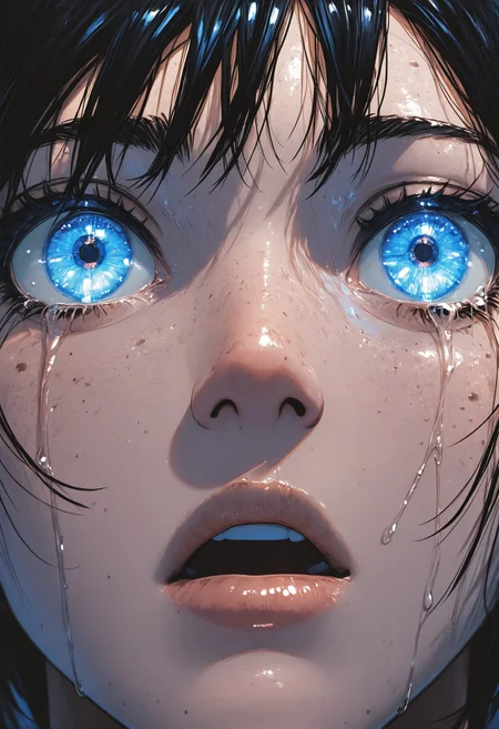 mcht2, blue eyes, solo, open mouth, black hair, looking at viewer, 1girl, close-up, tears, glowing, eye focus, extreme close-up, detailed lighting, masterfully drawn, expressive, amazing quality, best resolution, very aesthetic, 4k, latest, , <lora:5446466b-cec5-48ee-8b09-f2b6d0993aab:0.9>