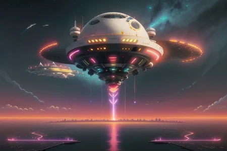 scifi fantasy, painterly concept-art, floating/hovering skydock, part of an astropunk manufacturing facility, where they produce commercial starships, up in the stratosphere, daytime, outdoors, cloudscape, implied scale, implied height, minimalist, [flat vector digital wallpaper style], high resolution, pastel hues, [orange, pearl white, pink, ochre, onyx, cobalt], neon lighting strips,