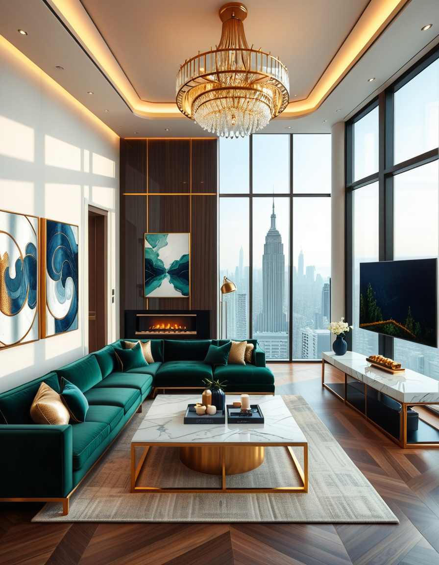 A lavish and modern luxury living room with a spacious open layout. The room features a grand chandelier with crystal details hanging from a high ceiling. Plush velvet sofas in deep emerald green and navy blue are arranged around a sleek marble coffee table with gold accents. The floor-to-ceiling windows allow natural light to flood the space, revealing a breathtaking city skyline in the background. A contemporary fireplace with a sculptural design adds warmth, while elegant artwork and designer decor pieces complete the sophisticated ambiance. The lighting is soft and ambient, creating a cozy yet opulent atmosphere.
<lora:SDXLFaeTastic2400:0.4> <lora:extremely_detailed:0.4> extremely detailed,  <lora:luxurious_l1v1ng_r00m:1>,luxurious l1v1ng r00m, Masterpiece,best quality,hi res,8k,hi res,8k,award winning,(sharp focus, intricate, highly detailed),
