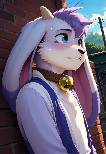 score_9, score_8_up, score_7_up, (by shinodage), outdoor, sexy, sweat, dutch angle, looking aside, high quality, hires, solo, anthro, furry, detailed background, detailed eyes, emotional, easynegative, Split Lighting style,
billie_bbu, furry goat, horns, bell, blush, male focus, body fur, animal ears, 1boy, collar, blue eyes, neck bell, two-tone fur, tail, hooves, white fur