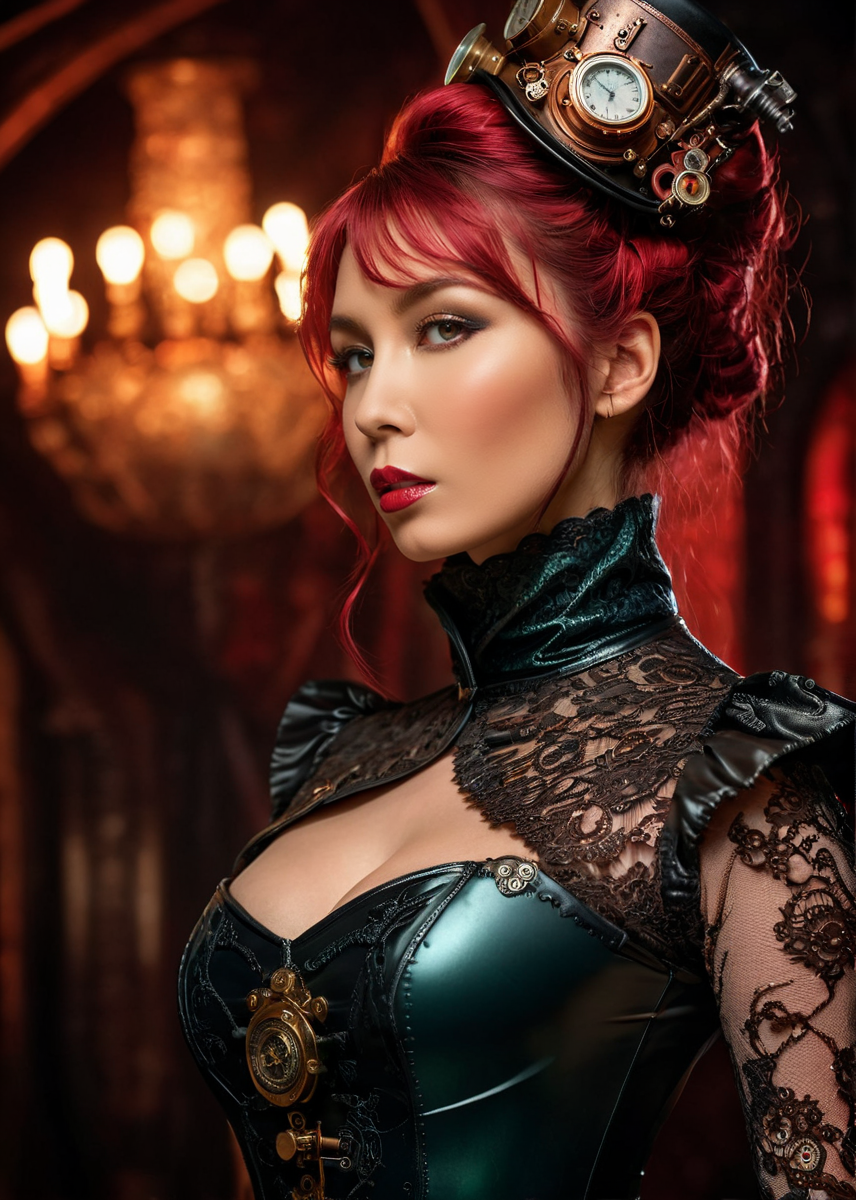 masterpiece, best quality, dark environment, (steampunk:1.5), a woman, (colored latex with lace), turtleneck, burlesque, sexy, 8K, extremely detailed, decorated clothing, dragon, bloodwave, dynamic, great lighting, perfect shading, depth of field, soft side light, very detailed glowing background, <lora:add-detail-xl:0.8> <lora:MS_Aika_Yumeno_V2_SDXL:0.8>