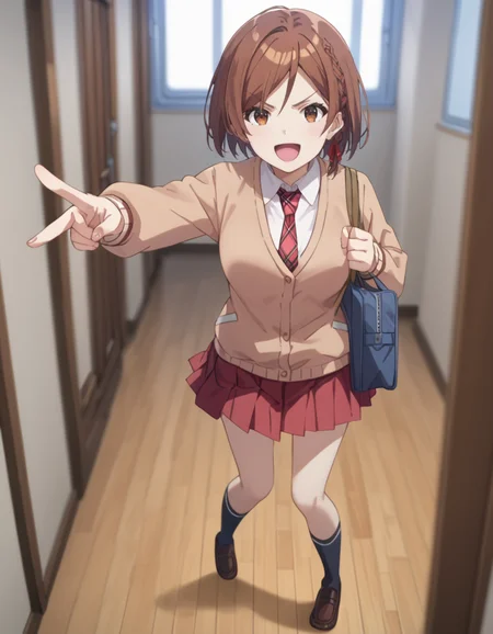 score_9, score_8_up, score_7_up, source_anime, BREAK
1girl, solo, blurry background, looking at viewer, full body, walking, open mouth, happy, pointing at viewer, indoors, hallway, school, window,
akane sakuramori (kurakon), short hair, brown hair, side braid, hair ribbon, parted bangs, brown eyes,
school uniform, brown cardigan, white collared shirt, plaid necktie, long sleeves, red pleated skirt, black kneehighs, brown loafers,
<lora:akane_sakuramori-kurakon_s1-anime-soralz:1>