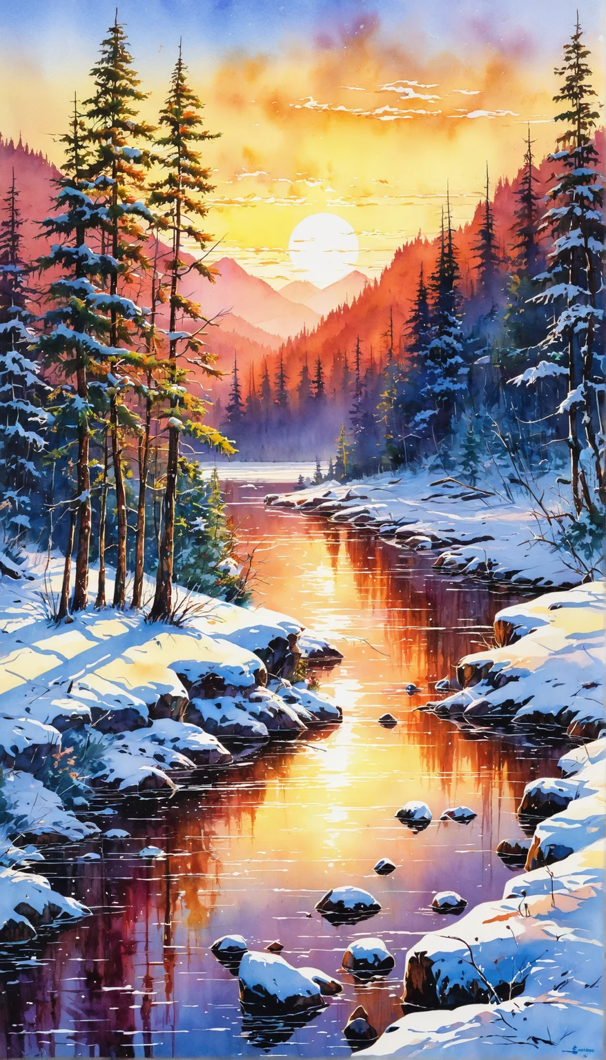A high-quality, masterpiece ink sketch colored with watercolor of a riverscape in a peaceful, lush forest during a snowy winter. The scene features a serene river partially covered with ice, surrounded by snow-covered trees and hills. The sky is soft and clear, with the light of the setting sun casting a warm, golden glow over the landscape. The overall atmosphere is tranquil and idyllic, capturing the quiet beauty of nature in winter.
