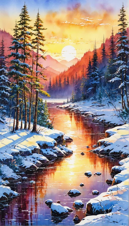 A high-quality, masterpiece ink sketch colored with watercolor of a riverscape in a peaceful, lush forest during a snowy winter. The scene features a serene river partially covered with ice, surrounded by snow-covered trees and hills. The sky is soft and clear, with the light of the setting sun casting a warm, golden glow over the landscape. The overall atmosphere is tranquil and idyllic, capturing the quiet beauty of nature in winter.