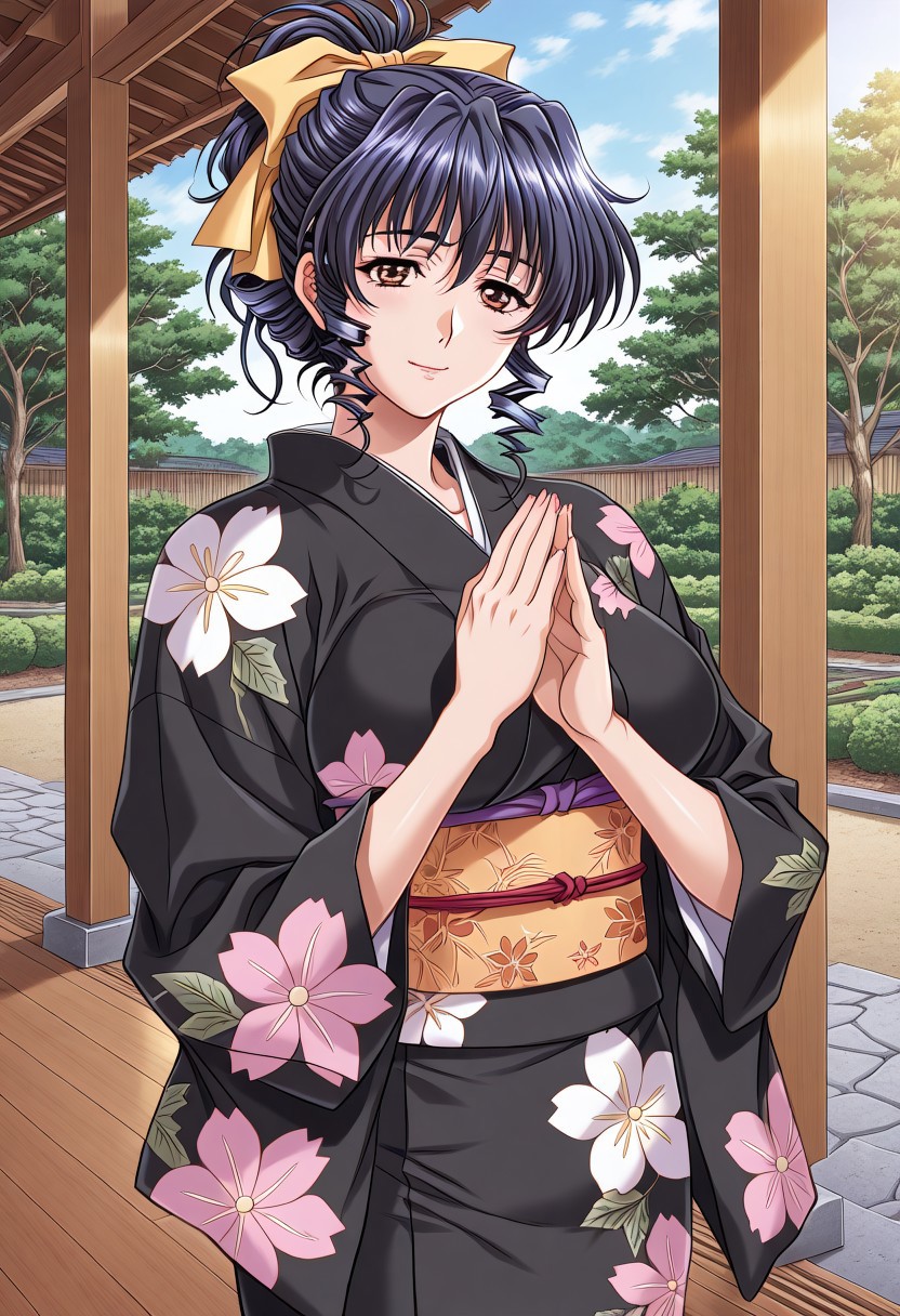 masterpiece, best quality, newest, highres, uncensored, 1girl, yokota mamoru style,1girl, slender face，motion lines, attractive sexy woman in a traditional kimono with floral print looking at camera posing in Japanese garden, 1girl, solo, Japanese clothes, kimono, hair up-do, smile, hair ornament, crossing hands, shiny hair, closed mouth, hair bow, shiny, black and gold kimono, print kimono, long sleeves, breasts, sash, long hair, standing, obi, looking at viewer, bow, Japanese garden background,Japan Garden,garden,turf,Blue Sky,(((Masterpiece))),(((Top Quality))),(best quality,Super Detail, Detailed Lighting)illustration,Sasazuka Kyou,Blue hair, Ringlet, Wavy hair,Brown eyes,Big Breasts,Pale, Slim