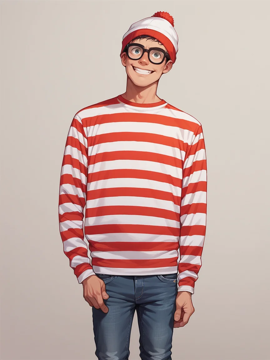 score_9, score_8_up, score_7_up, score_6_up,   <lora:w4ld0:0.6> w4ld0, beanie, striped, glasses, jeans, 1boy, striped shirt, solo