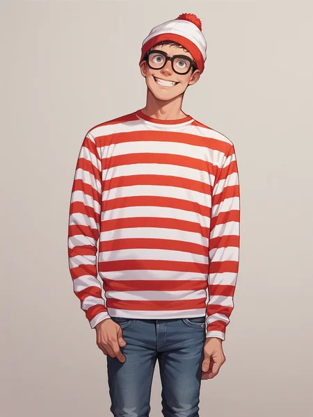 score_9, score_8_up, score_7_up, score_6_up, <lora:w4ld0:0.6> w4ld0, beanie, striped, glasses, jeans, 1boy, striped shirt, solo