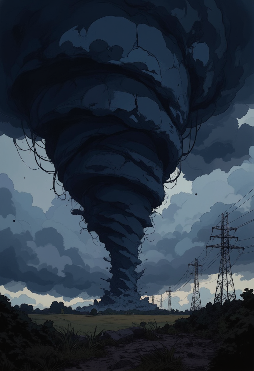 in the style of cksc, masterpiece, best quality, good quality, very aesthetic, absurdres,Farm land view, A electric transfer towers , Masterpiece, buffed, stoic, by Studio Ghibli,Holy lighting, Platinum hue, highly dramatic lighting, retro artstyle, comic artstyle, highly detailed, hyperrealistic, 8K UHD, Cinema Quality Still Shot, best quality, atmospheric, Scenary : (cinematic realism, hyper-detailed, stormy atmosphere) A colossal swirling tornado spirals violently, its wide and huge blackened vortex tearing through a fractured landscape under a twilight sky. black light illuminates the storm clouds, debris swirling in chaotic motion, as the camera captures the towering wide funnel from a low-angle perspective, emphasizing its overwhelming scale and destructive force. ((grainy photo)),Topological Fold,Neutron Scatter,Oblivion, cinematic lighting, dramatic perspective, 8K UHD. ,.,

 Otherworldly atmosphere.
(Depth of field), low saturation,detail. 