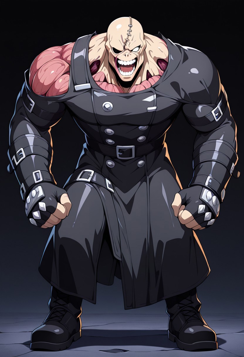 masterpiece, best quality, amazing quality, very aesthetic, absurdres, newest,shiny skin,, anime screenshot,  anime coloring, NemesisRE3, Black boots, black bodysuit, long black leather coat with buckles and straps, strapped gauntlets, stitched flesh, exposed teeth, white eyes, fleshy, male, stitches, muscular, monster, one eyed, bald,
simple background,  black background,   open mouth, looking at viewer, xdive, Serious expression, Full body,