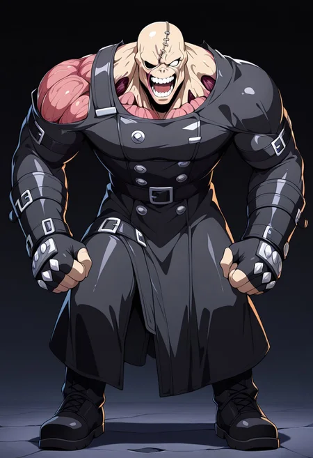 masterpiece, best quality, amazing quality, very aesthetic, absurdres, newest,shiny skin,, anime screenshot, anime coloring, NemesisRE3, Black boots, black bodysuit, long black leather coat with buckles and straps, strapped gauntlets, stitched flesh, exposed teeth, white eyes, fleshy, male, stitches, muscular, monster, one eyed, bald,
simple background, black background, open mouth, looking at viewer, xdive, Serious expression, Full body,