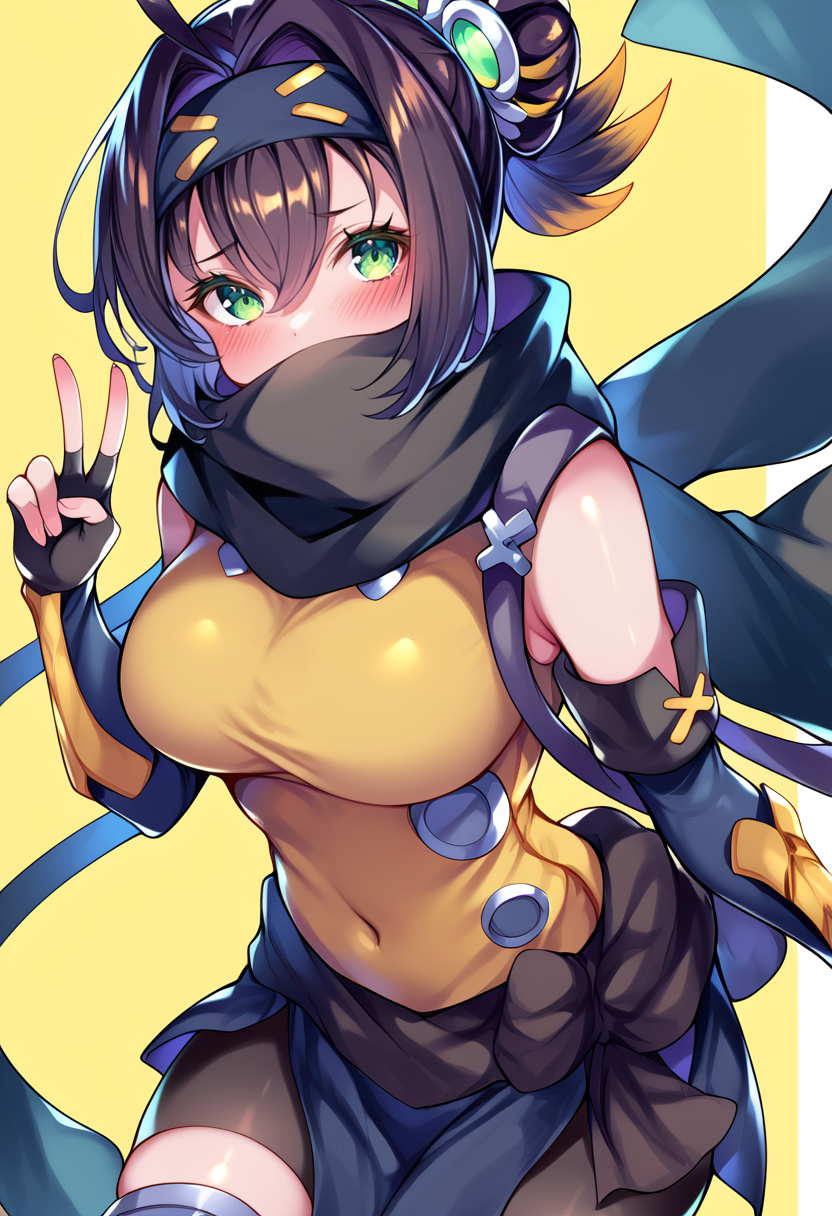 (score_9:0.9),score_8_up,score_7_up,anime style,rating_safe,(zPDXL),<lora:Sp little knight ponyXL v2:0.84>,  Sp little knight, yellow clothes, black forehead protector, black fingerless elbow gloves, yellow thigh boots, silver hair ornament, 1girl,  covered navel, large breasts, blush, looking at viewer, covered mouth, v