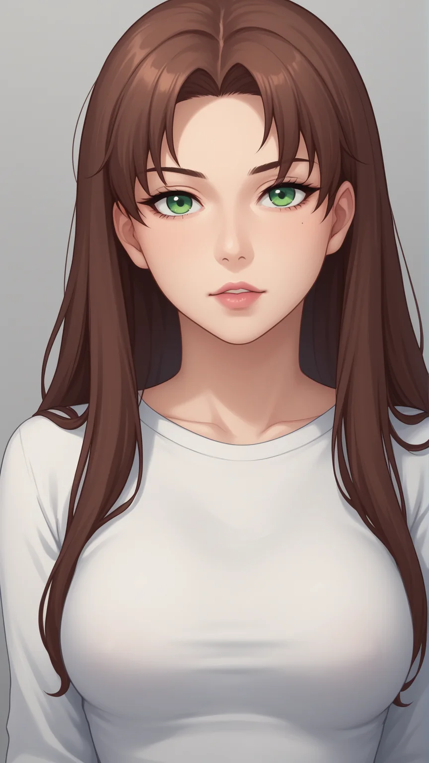 score_9, score_8_up, score_7_up, BREAK source_anime, best quality, masterpiece, ultra detailed, SFW
<lora:Everlasting_Summer_Olga_by_GraffMetal V1:0.7> olga, green eyes, brown hair, long hair, 1girl, solo, lips, mature, fit body, skinny, medium breasts, straight hair
serious face,
pink lips, black eyeliner cat eye, white shirt,
amazing background, looking at the camera, looking at the viewer, black background, simple background, close-up,
