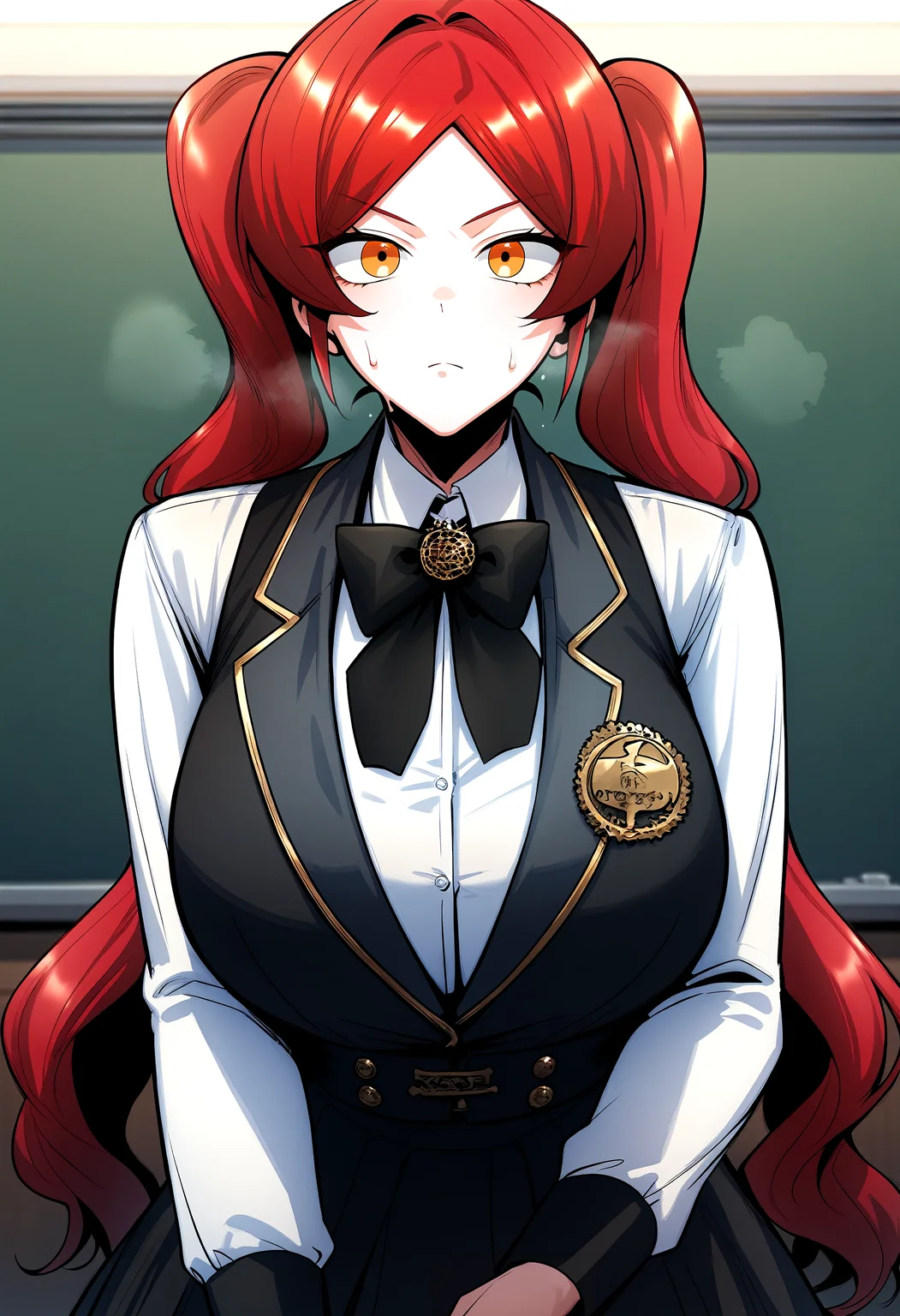 score_9, score_8_up, score_7_up, score_6_up, source_anime, rating_explicit, <lora:neg4all_bdsqlsz_V3.5:2.0>1girl, (solo:1.2), huge breasts, <lora:Tacieponyxl:1> twintails, red hair, long hair, orange eyes, parted bangs, yellow eyes, black bow, bowtie, black vest, white shirt, collared shirt, long sleeves, black skirt, expressionless, Narrow shoulders, sweat, heavy breathing, steaming body, classroom, indoor, looking at viewer