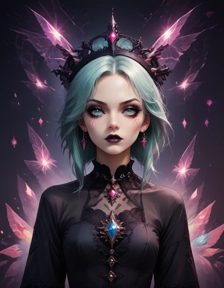 A professional photography of a goth geisha with whimsical elements, surrounded by an magical and eerie fairytale landscape with sparkling crystals and colorful flowers, awesome appearence, fantastic cyberpunk art concept, intricate details, trending on artstation, masterpiece, 8k, gems and crystals, gothic