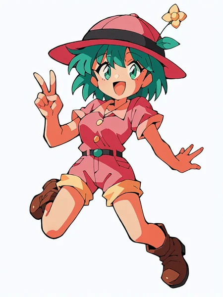 score_9, score_8_up, score_7_up, rating_safe, score_anime, white background, BREAK, 1girl, looking at viewer, <lora:Assistant-Girl_TetrisPlus_PDXLv0:0.8> assistant-girl, short hair, pink hat, pink shirt, pink shorts, brown footwear, breasts, v:1.2, red undershirt