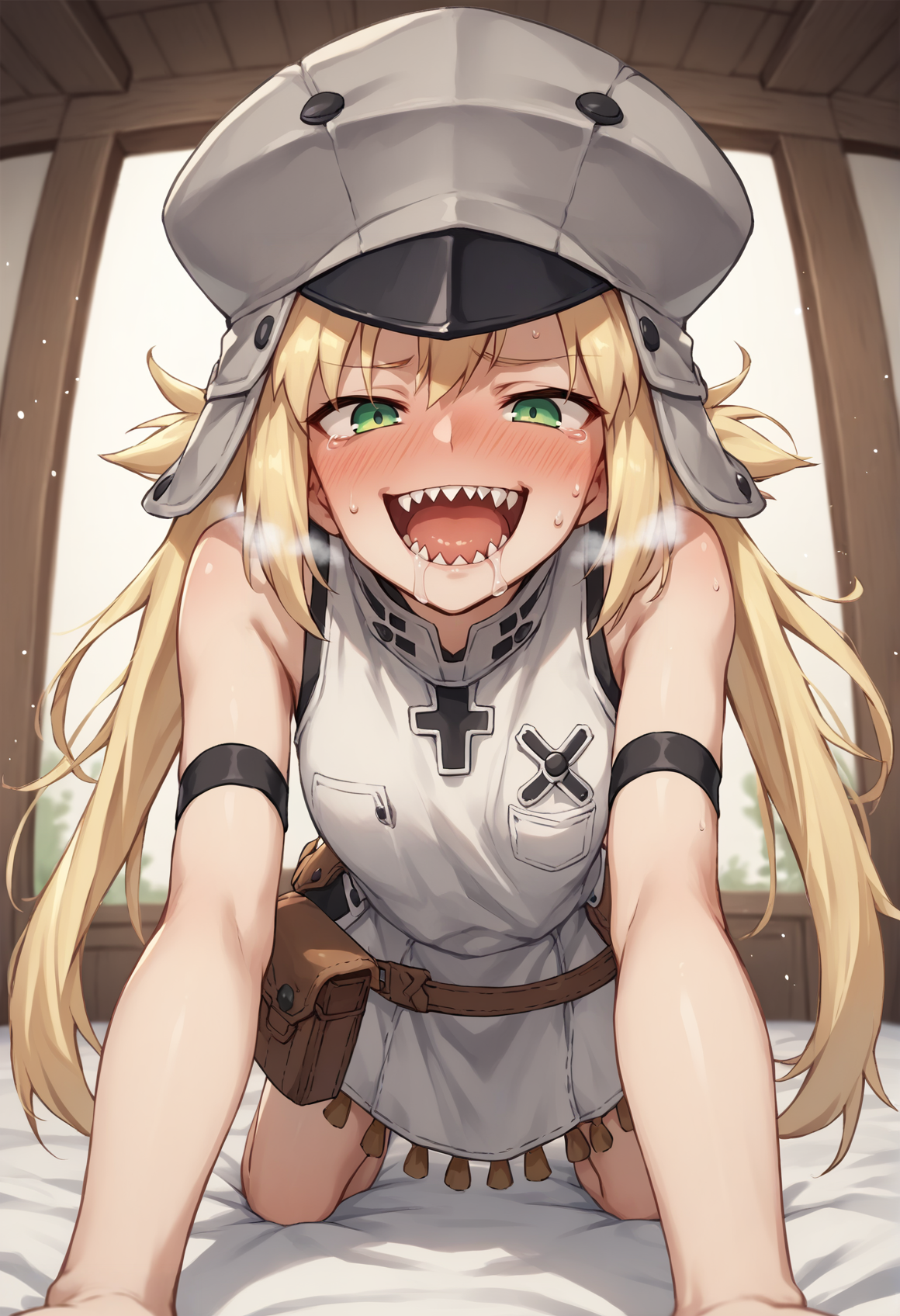 1girl, solo, blonde hair, long hair, green eyes, twintails, white dress, sleeveless, armlet, grey headwear, hat, armored dress, pouch, all fours, bed, sheets, evil smile, smug, open mouth, drool, sharp teeth, blushing, heavy breathing, female pervert, nervous, bare legs, from below, pov  <lora:Castoria:0.8>, score_9, score_8_up, score_7_up, score_6_up, score_5_up, score_4_up, BREAK source_anime, masterpiece