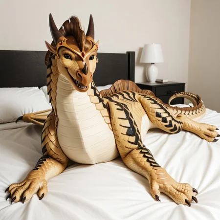 score_9, score_8_up, score_7_up, score_6_up, score_5_up, score_4_up, masterpiece, high quality, realistic, detailed, best quality, white bed, solo, rating_safe, source_furry, bedroom, smiling, open mouth smile, happy, looking at viewer, lying on belly, feral, Blister_wof, black scale pattern, black sclera, black eyes, female, 1girl, circlet, Sandwing, dragon, yellow scales, horn, claws, wings, tail, tail barb