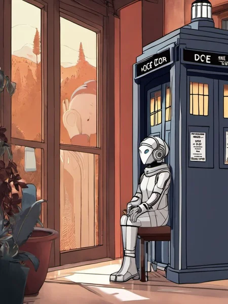 A frame from the show Doctor Who featuring a cyberman Lofi girl next to the TARDIS <lora:SDXL-LofiGirl-Lora:1>, Very detailed, clean, high quality, sharp image