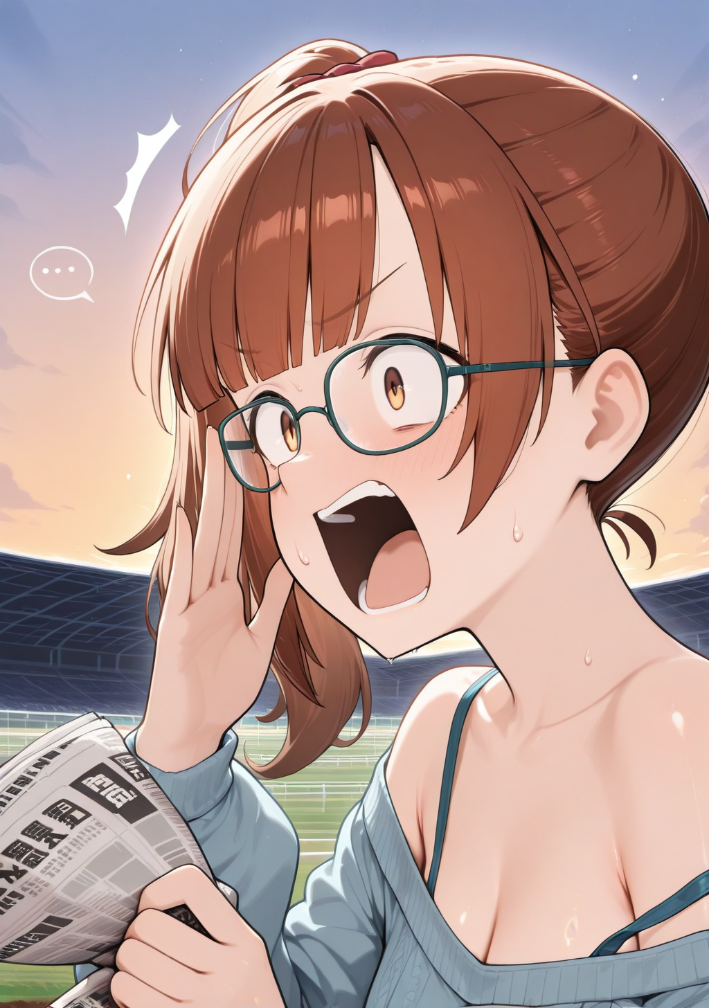 masterpiece, best quality, absurdres, perfect lighting,shiny skin,<lora:StS-Illustrious-Detail-Slider-v1.0:3>,<lora:illustrious_noobai_epsilon_pred_1_best_quality_v1:1>,1girl,igarashi kyoko,brown hair, side ponytail,brown eyes, <lora:igarashi_kyoko:1>,off shoulder,strap slip,sweater,adjusting eyewear,grabbing newspaper,panic,gloom (expression),shaded face, constricted pupils,open mouth,sweat,horse racing track,sunset, spoken ellipsis,sweatdrop, <lora:betting_IL0.1_250318:1>