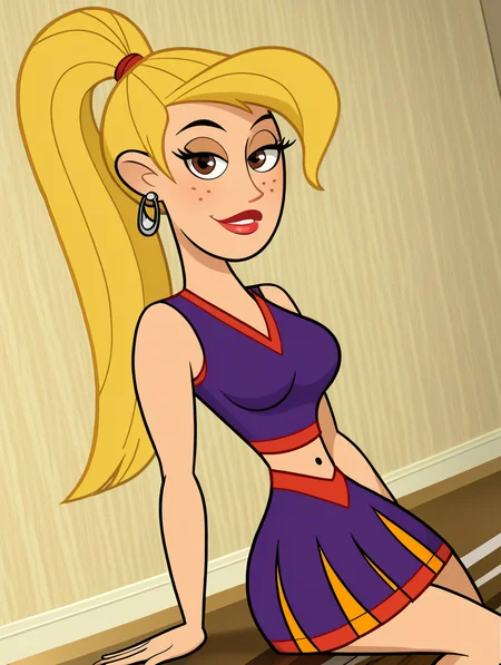 score_9, score_8_up, score_7_up, (toon \(style\):1),(flat colors:1),facing viewer,ultra high quality,ultra high resolution,ultra , seductive,(extremely detailed), detailed background,,(masterpiece, best quality, high quality, highres, ultra-detailed),full body,inside, bedroom in background, spotlight effects.,close up, cowboy shot,   dutch angle ,perfect eyes,perfect face,,narrow waist,perfect breasts,perfect eyes,perfect face,eager expression,earrings,facing viewer, 
<lora:Veronica_Stoppable:0.9> veronica stoppable, toon (style), flat color, freckles, narrow waist,  brown eyes, long hair,  long eyelashes,  long hair, brown eyes, seductive smile, long eyelashes, medium breasts, wide hips, long legs, red lips, looking at viewer,blonde hair, Cheerleader outfit, purple and orange, sleeveless crop top, matching pleated mini skirt, middleton_cheerleader_uniform, <lora:Super_highhigh_ponytail_hair_Pony:0.5> long hair, shiny hair, blonde hair, superp0nytail, straight hair, super high ponytail, swishing ponytail