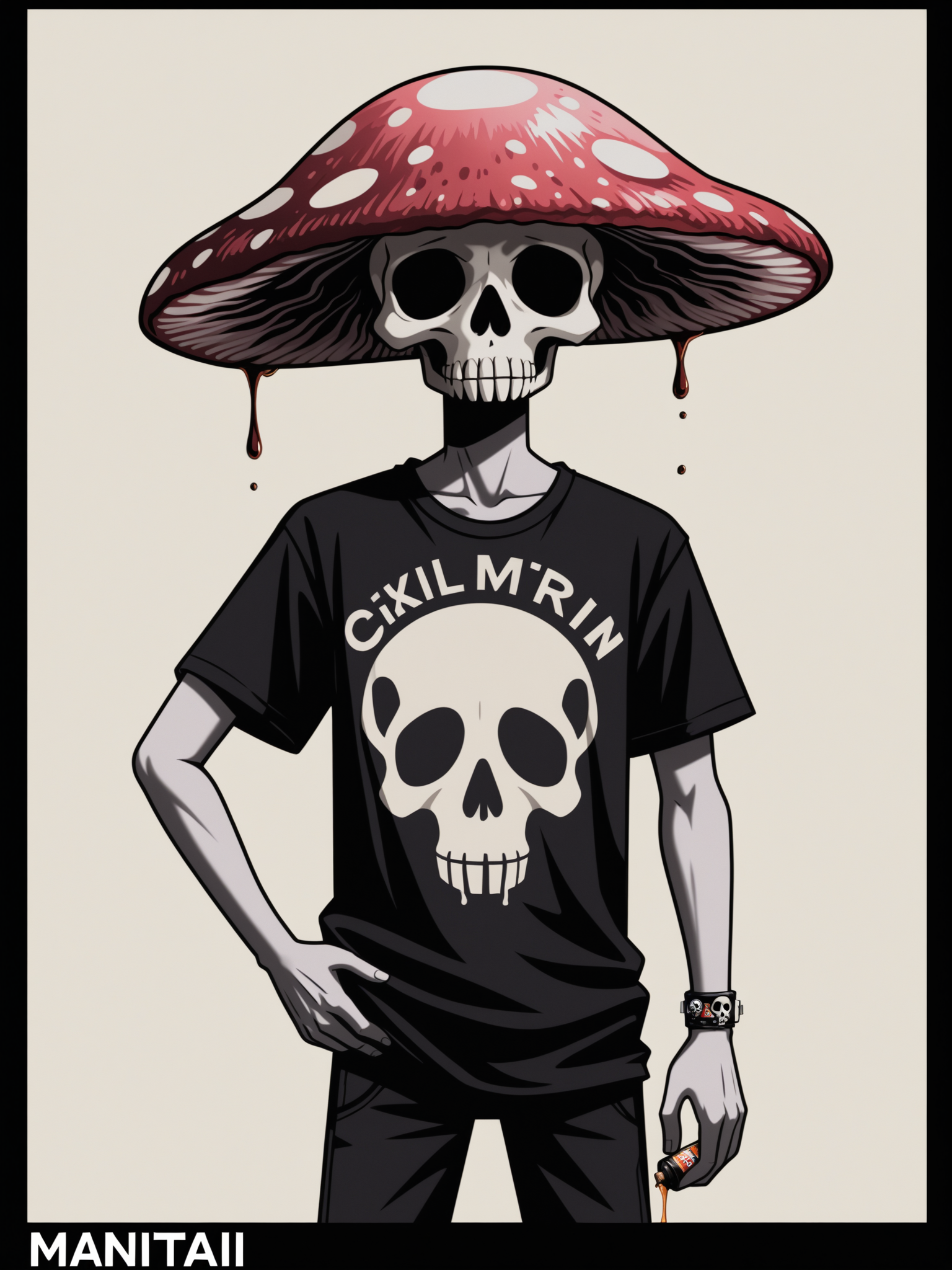 tshirt design photo, oil pastel on canvas, flat vector art, logo, skull and trippy mushroom, Amanita <lora:d\EnvyOilPastelXL01:1> <lora:SDXL1.0_DarkestDungeon-v1.2:1>