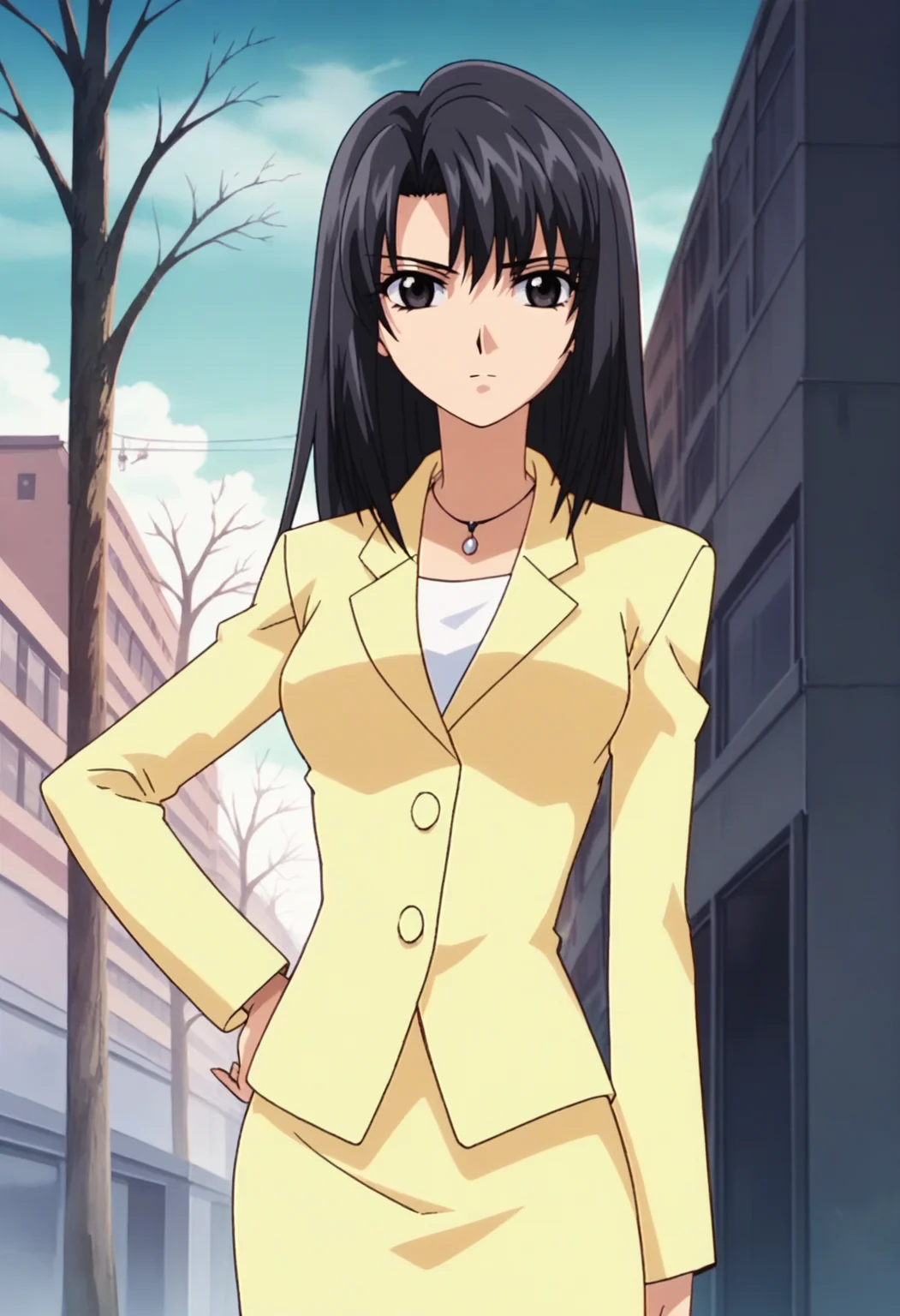 score_9, score_8_up, score_7_up, score_6_up, anime screencap, anime coloring, <lora:MadokaNarumi:0.8>, MadokaNarumi, 1girl, black hair, long hair, black eyes, breasts,
necklace, yellow jacket, yellow pencil skirt,
looking at viewer, hand on own hip, cowboy shot, expressionless, closed mouth,
BREAK outdoors, blue sky, light rays, street, tree, day,