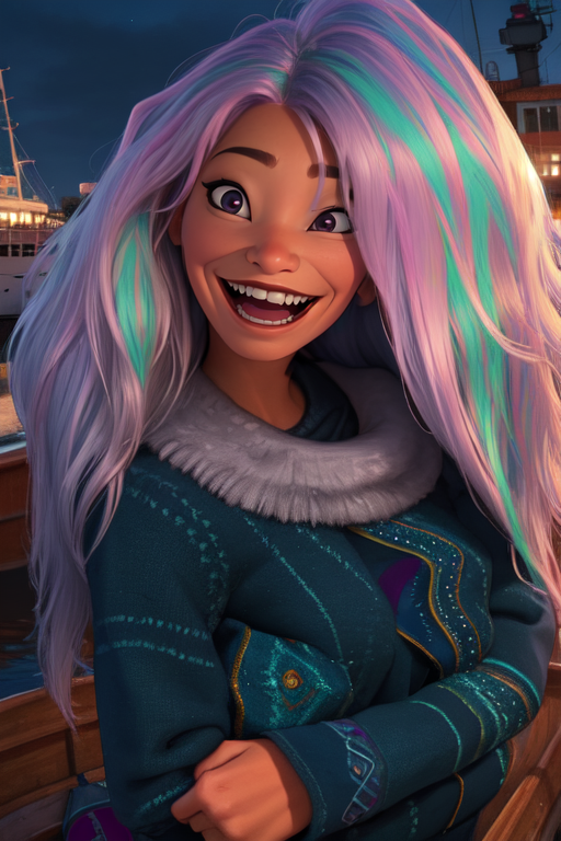 sisu,multicolored hair, black eyes, open mouth, 
long sleeves, pants  blue footwear,  sweater, 
smile, upper body, 
night, boat, fantasy, 
(insanely detailed, beautiful detailed face,beautiful detailed eyes, masterpiece, best quality)  <lora:sisu:0.7>