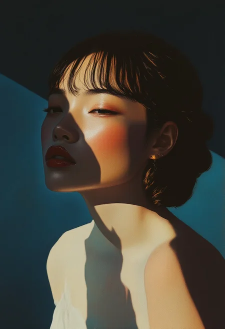 Color photo of a shadowed French Japanese girl woman. shdwCE_style. studio light photography, analog raw photo, A glamorous fashion model in a futuristic rendition of couture style, fantastic aesthetic, fashion magazine style, tilted 5 degrees. dynamic pose, hyperrealism