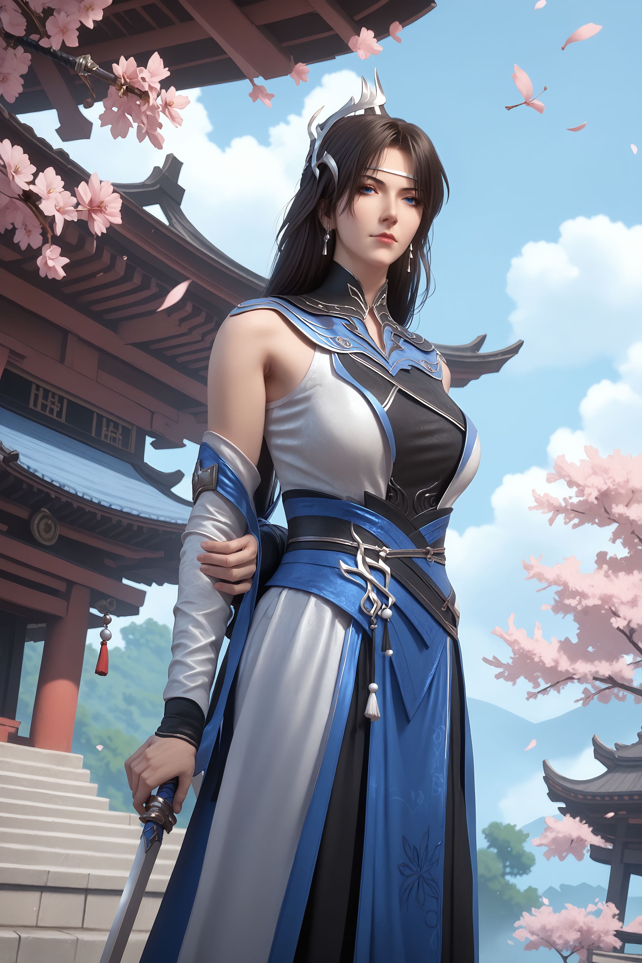 score_9, score_8_up, score_8, source_real,real skin, rating_explicit, mature female, ExpresiveH, best quality, unreal engine,game,cg, very aesthetic, CG, masterpiece, ultra high res, highres, More Details, high rating,Intricate and refined delicate details,  looking at viewer,
<lora:age_slider_v4:4>,
<lora:peiyun:1>, 1girl, solo, black hair, blue eyes, jewelry, long hair, detached sleeves, earrings, realistic, dress, hair ornament, closed mouth, blue sky, sky, outdoors, east asian architecture,  Cherry blossom, tree, (holding weapon, sword, arms behind back),