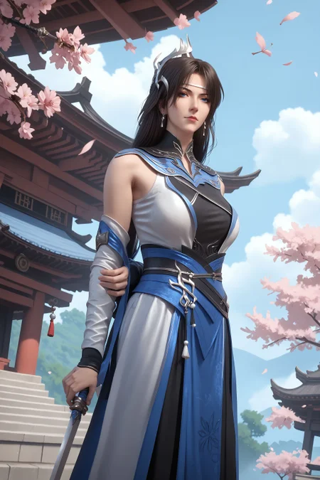 score_9, score_8_up, score_8, source_real,real skin, rating_explicit, mature female, ExpresiveH, best quality, unreal engine,game,cg, very aesthetic, CG, masterpiece, ultra high res, highres, More Details, high rating,Intricate and refined delicate details, looking at viewer,
<lora:age_slider_v4:4>,
<lora:peiyun:1>, 1girl, solo, black hair, blue eyes, jewelry, long hair, detached sleeves, earrings, realistic, dress, hair ornament, closed mouth, blue sky, sky, outdoors, east asian architecture, Cherry blossom, tree, (holding weapon, sword, arms behind back),