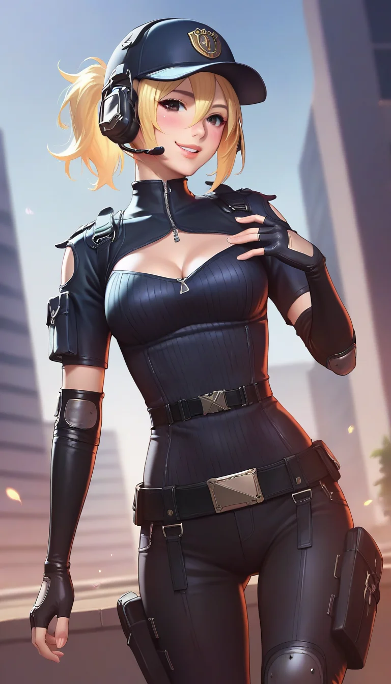score_9,score_8_up,score_7_up,score_6_up BREAK official art,anime coloring,solo,outdoors,cowboy shot,looking at viewer,facing viewer,smile,blush,MaQue,baseball cap,headset,blonde hair,medium hair,short ponytail,parted bangs,hair between eyes,black eyes,lips,police uniform,black bodysuit,cleavage cutout,open-chest sweater,ribbed sweater,black sweater,black gloves,elbow gloves,fingerless gloves,elbow pads,medium breasts,belt,black pants,thigh holster,knee pads,black footwear,boots,<lora:MaQue(cf)-Pony:1.2>,