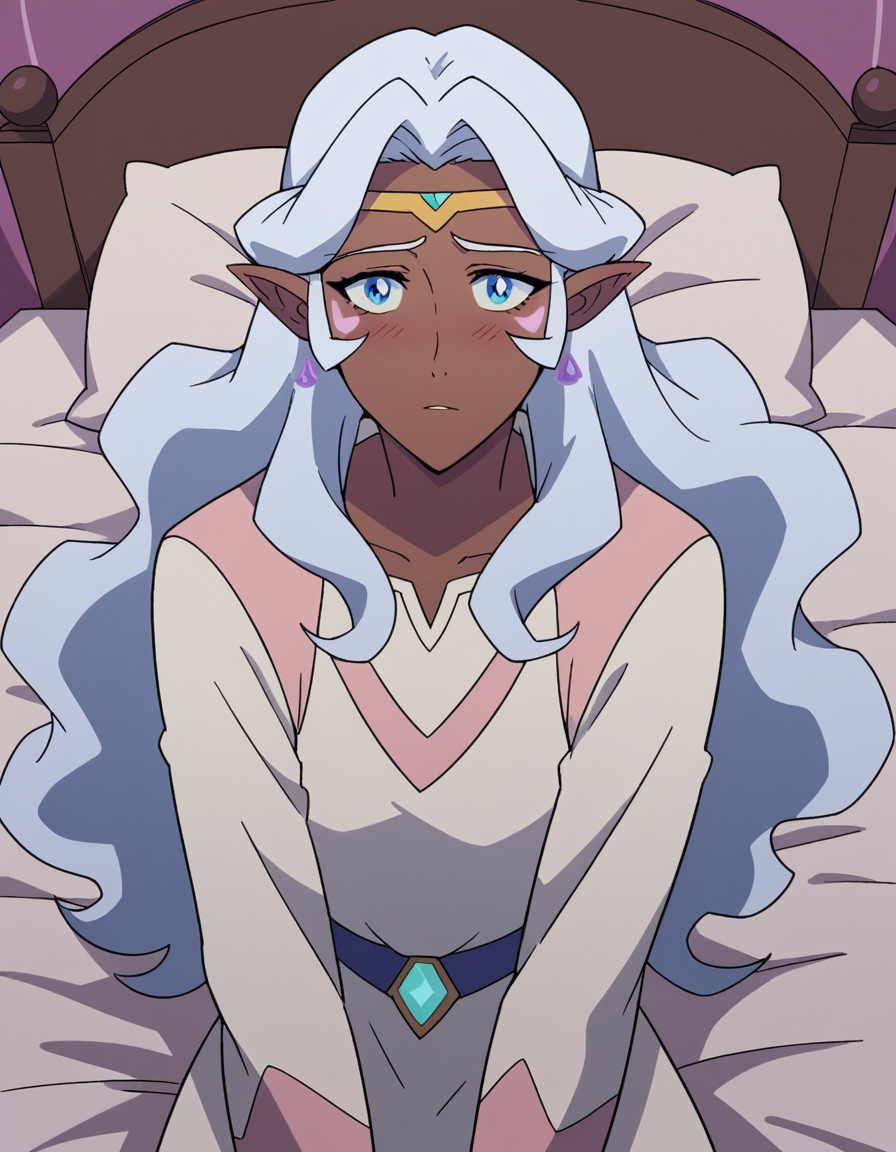 score_9, score_8_up, score_7_up, source_anime,
princessallura, <lora:princess-allura-anime-ponyxl-lora-nochekaiser:1>,
allura, blue eyes, white hair, pointy ears, dark skin, dark-skinned female, facial mark, elf, dark elf,
long hair, wavy hair, cardigan, long sleeves, dress, white dress,
indoors, bed, bed room, on side, blush, drunk,
looking at viewer, cowboy shot, solo, dutch angle,