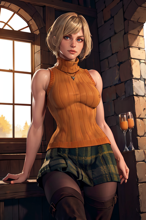 masterpiece,best quality,extreme detail,8k,<lora:ashley:0.6>,ashley2,1girl,solo,short hair,skirt,blonde hair,shirt,thighhighs,bare shoulders,jewelry,pantyhose,boots,sleeveless,sweater,plaid,turtleneck,thigh boots,plaid skirt,bob cut,sleeveless turtleneck,orange shirt,