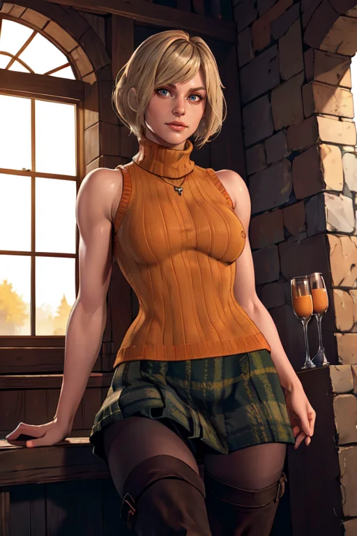 masterpiece,best quality,extreme detail,8k,<lora:ashley:0.6>,ashley2,1girl,solo,short hair,skirt,blonde hair,shirt,thighhighs,bare shoulders,jewelry,pantyhose,boots,sleeveless,sweater,plaid,turtleneck,thigh boots,plaid skirt,bob cut,sleeveless turtleneck,orange shirt,