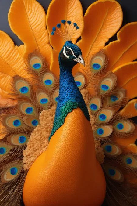 high quality,masterpiece,ultra-high resolution,incredible composition,extremely detailed, <lora:Orange_Peel:0.8>, A dazzling peacock formed entirely from orange peel, its tail feathers fanning out in a vibrant display of textured citrus skin, each feather intricately detailed with the peelâs natural patterns. Captured in ultra-high resolution with a close-up perspective, highlighting the vivid orange hues and bumpy texture. The background is a professional food photography setup with a dark slate board, warm golden lighting, and delicate citrus accents like dried orange slices and cinnamon sticks, creating a luxurious and inviting atmosphere.