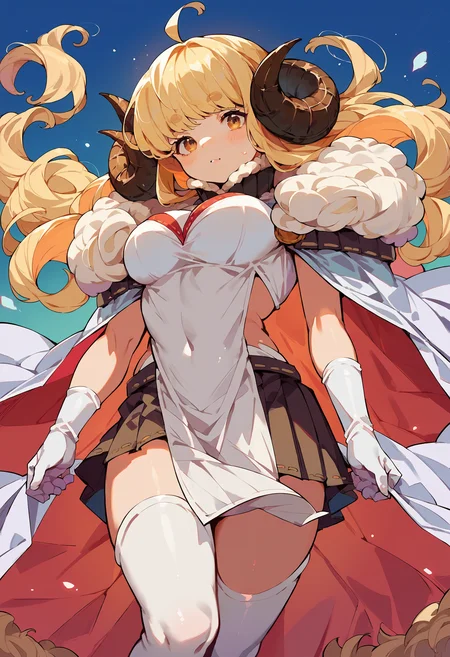 score_9, score_8_up, score_7_up, uncensored, source_anime, 1girl, <lora:spgbfAnilaXLPony:1> aniladef, cleavage, cape, white gloves, white thighhighs, pleated skirt, fur trim, pelvic curtain, white tabard
