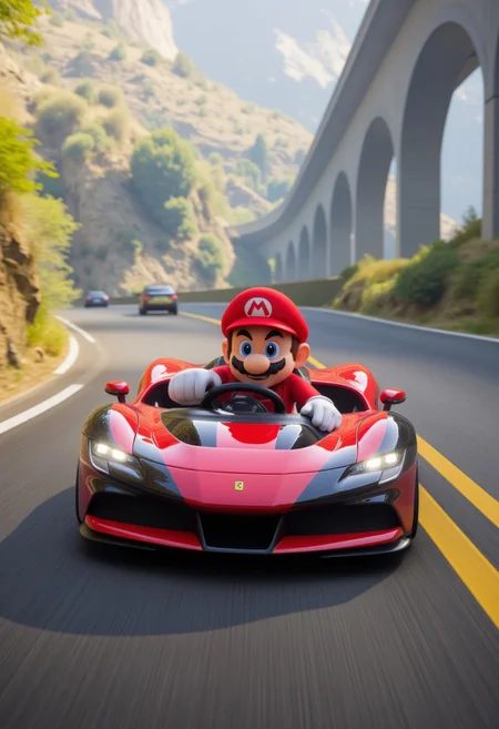 aidmaFerrariSF90 racing on the mario kart rainbow road, aidmaMJ6.1, aidmaHyperrealism, detailmaximizer