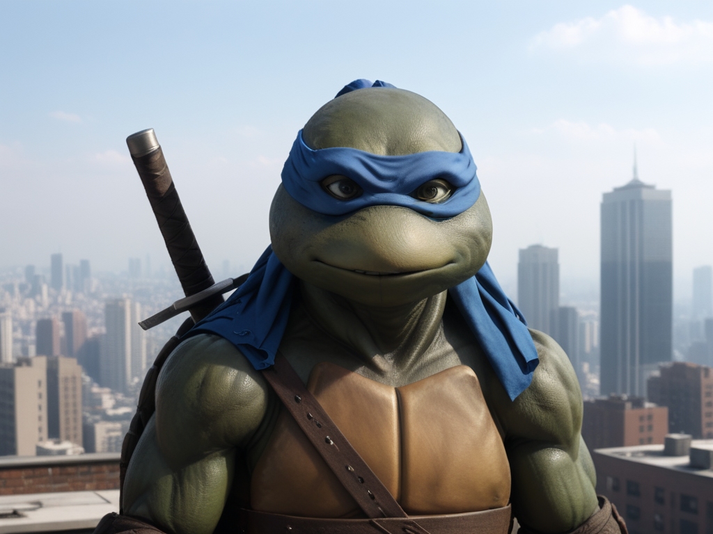 close-up, TMNTLeonardo, a teenage mutant ninja turtle, wearing blue bandana mask with eye-holes, swords sheathed on his back, standing on a city rooftop during the day, skyscrapers and rooftops and day sky in the background, <lora:TMNT_Turtles_AIO_SDXL-000009:1>
