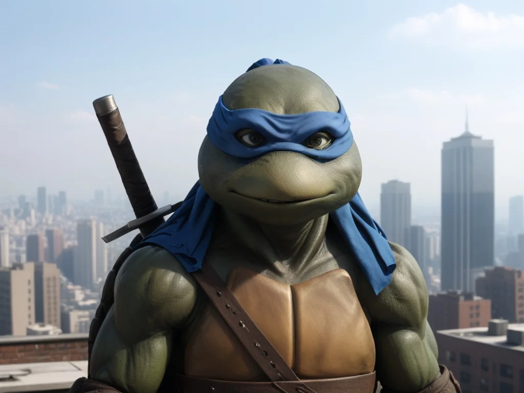 close-up, TMNTLeonardo, a teenage mutant ninja turtle, wearing blue bandana mask with eye-holes, swords sheathed on his back, standing on a city rooftop during the day, skyscrapers and rooftops and day sky in the background, <lora:TMNT_Turtles_AIO_SDXL-000009:1>