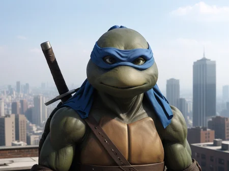 close-up, TMNTLeonardo, a teenage mutant ninja turtle, wearing blue bandana mask with eye-holes, swords sheathed on his back, standing on a city rooftop during the day, skyscrapers and rooftops and day sky in the background, <lora:TMNT_Turtles_AIO_SDXL-000009:1>