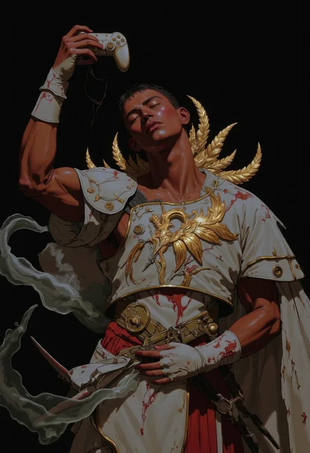 Her muscular shoulders and chest are partially revealed beneath the scratched and dented white armor, emphasizing her powerful physique in an ominous twilight. The intricate engravings on the armor—symbols of divine power, laurel leaves, and haunting battle scenes—shimmer in the ghostly light, adding an eerie yet fierce aura that hints at past glories and unspoken tragedies. Her skin, glowing with a bronze hue, glistens with sweat and remnants of battle, accentuating the voluptuous curves of her full neckline, which seems almost vulnerable against the hardened exterior.
In her right hand, she grips a bloodstained game controller, its buttons worn and smeared, telling tales of relentless struggle and obsession. The blood appears dark and congealed, hinting at battles fought not just in physical realms but also within the mind. A long, flowing white cape drapes over her shoulders, billowing in the wind like a ghostly specter, contrasting sharply with the battered armor and echoing a sense of loss and longing.
The light casts soft, dramatic shadows across her frame, enhancing the commanding and divine strength she radiates, yet there's an unsettling quality to her presence, as if she stands at the edge of a forgotten battlefield. The atmosphere is thick with tension, whispering of triumphs overshadowed by darkness, hinting at a deeper struggle that lies beneath the surface of her commanding exterior.