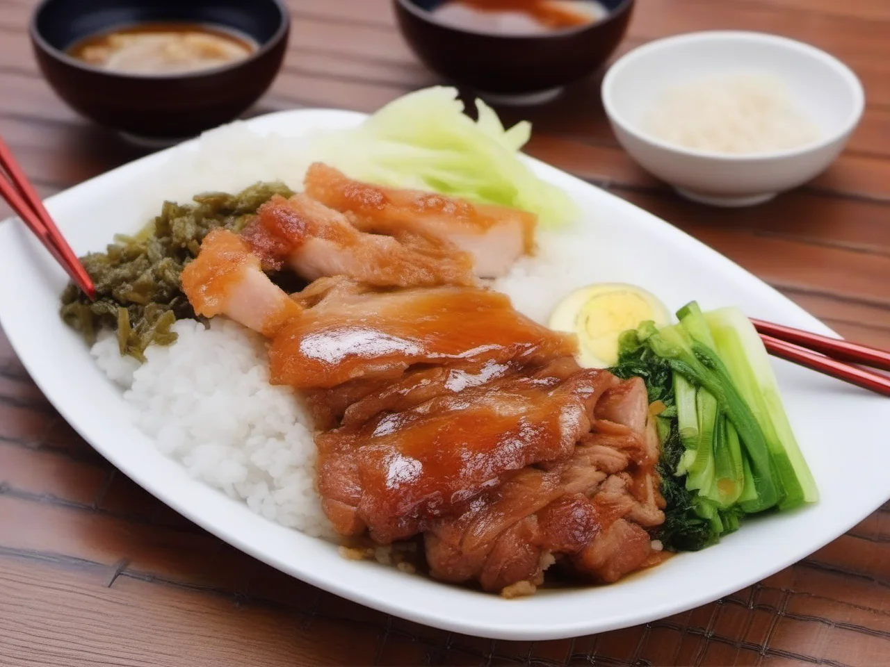 In the background of the construction site, I am eating a lunch box with chopsticks, Longjiang Pork Knuckle Rice, High quality, high saturation, medium focal length, Nikon lens <lora:1121212_v1.0:0.85>