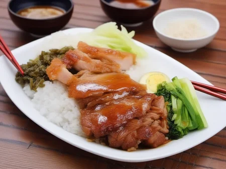 In the background of the construction site, I am eating a lunch box with chopsticks, Longjiang Pork Knuckle Rice, High quality, high saturation, medium focal length, Nikon lens <lora:1121212_v1.0:0.85>
