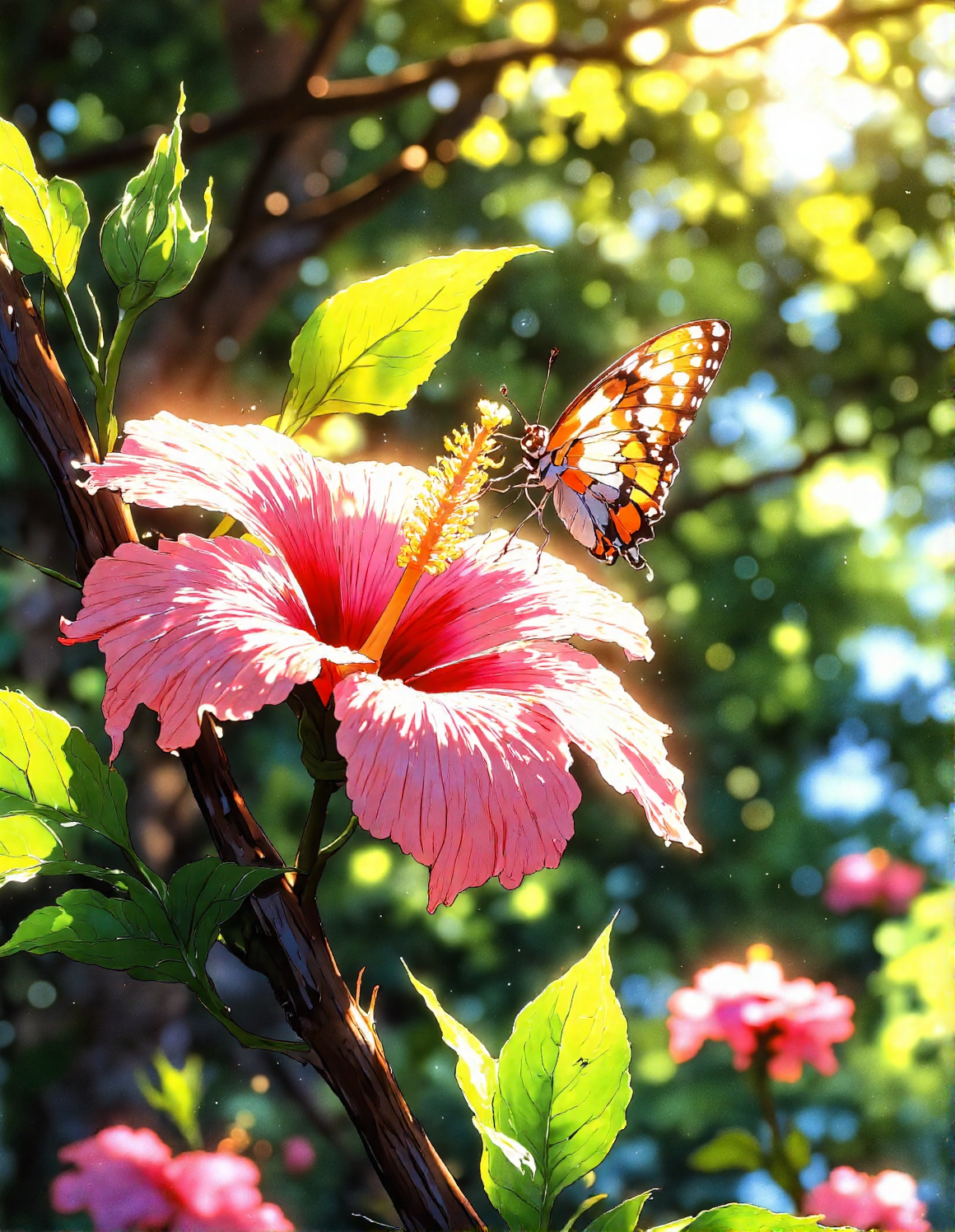 serene, sun-drenched nature macro close up photograph in anime style. Picture a pale pink hibiscus flower in full bloom, with delicate veined petals and a prominent yellow pistil.  A butterfly with patterned wings in shades of orange, white, and brown is delicately landing on the edge of the flower. The flower and butterfly are positioned on a brown branch that cuts diagonally across the frame. Bright sunlight streams from the top right, casting rays of light through the surrounding green leaves and branches, which are softly blurred in the background. The overall scene is warm, inviting, and focused on the delicate beauty of nature, <lora:aidmaMJ6.1_v0.5_3:0.7>, <lora:Vibrantly_sharp_style_v.2:1>, <lora:Cozy_Paradise:0.8>, <lora:RetroAnimeFluxV1:0.4>