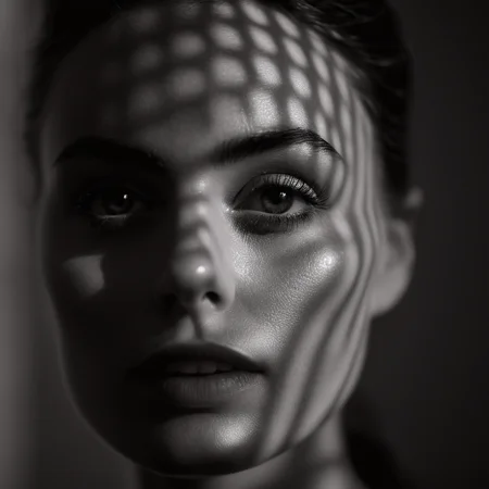 cinematic film still of <lora:casting shadow style v2:1>
A cucoloris patterned illumination casting a a unique custom small triangle shape shadow on a modeling woman with a black and white image of her face, casting shadow style, shallow depth of field, vignette, highly detailed, high budget, bokeh, cinemascope, moody, epic, gorgeous, film grain, grainy