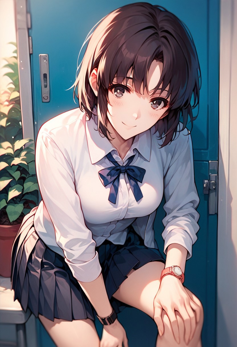 score_9,score_8_up,score_7_up,source_anime, katou megumi,1girl,solo,looking at viewer,blush,smile,shirt,skirt,ribbon,jacket,white shirt,pleated skirt,black skirt,leaning forward,watch,wristwatch,hand on own knee,