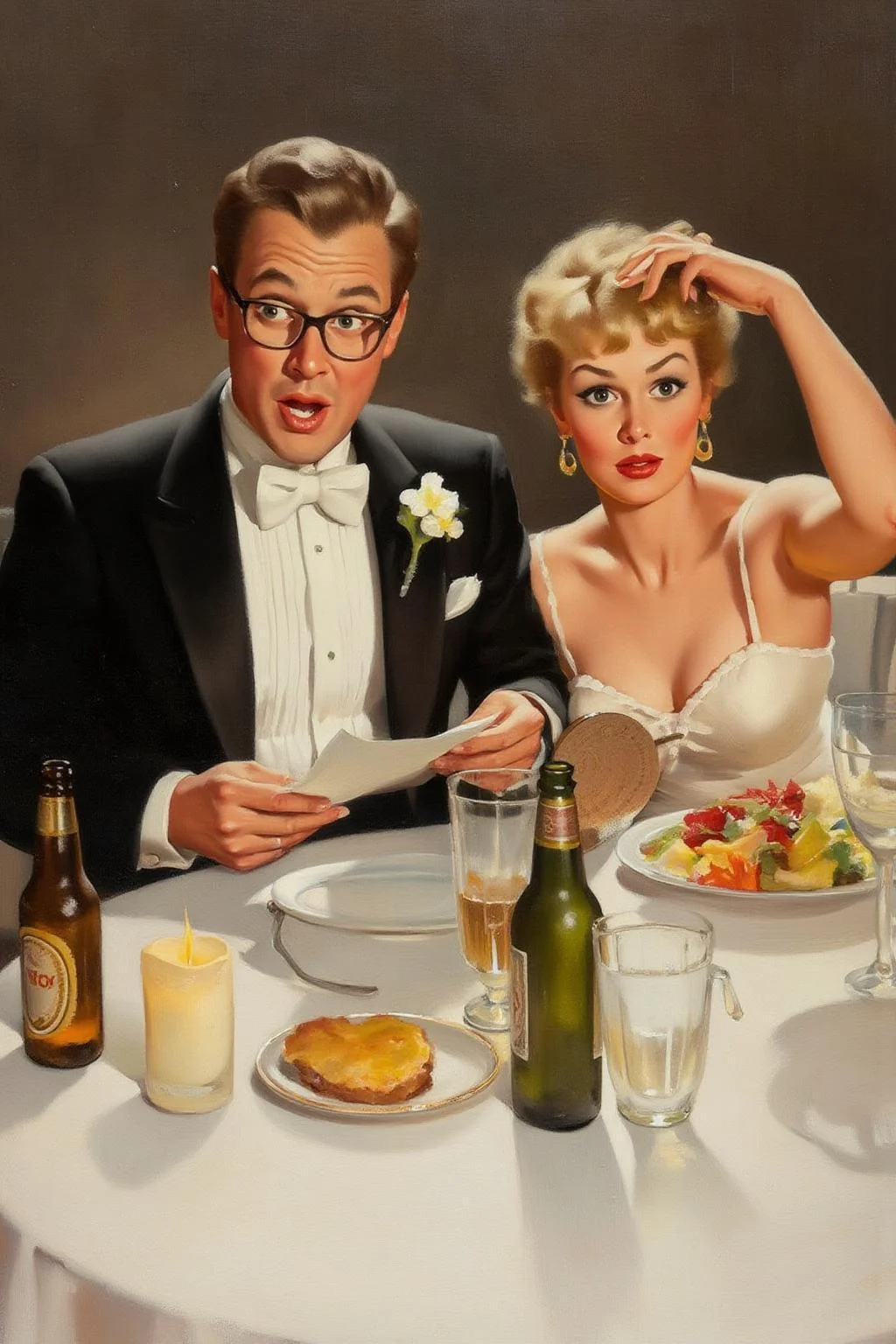 gilelvgren1 illustration.
kard1. Closeup of a couple seated at a table covered with a white tablecloth. On the left is the man dressed in a classic black tuxedo with a white bow tie and a white boutonniere on his lapel. He is wearing glasses and holding a piece of paper, looking surprised or confused. His hair is neatly styled. On the right it a blond woman. She is touching her hair with her left hand and her right hand is holding a small hand mirror. In front of them are various items on the table, including a bottle of beer, a plate with food, a glass, and a candle. <lora:gilelvgren1_d8a4e9a:1.0><lora:868787320638202603:0>