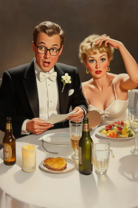 gilelvgren1 illustration.
kard1. Closeup of a couple seated at a table covered with a white tablecloth. On the left is the man dressed in a classic black tuxedo with a white bow tie and a white boutonniere on his lapel. He is wearing glasses and holding a piece of paper, looking surprised or confused. His hair is neatly styled. On the right it a blond woman. She is touching her hair with her left hand and her right hand is holding a small hand mirror. In front of them are various items on the table, including a bottle of beer, a plate with food, a glass, and a candle. <lora:gilelvgren1_d8a4e9a:1.0><lora:868787320638202603:0>