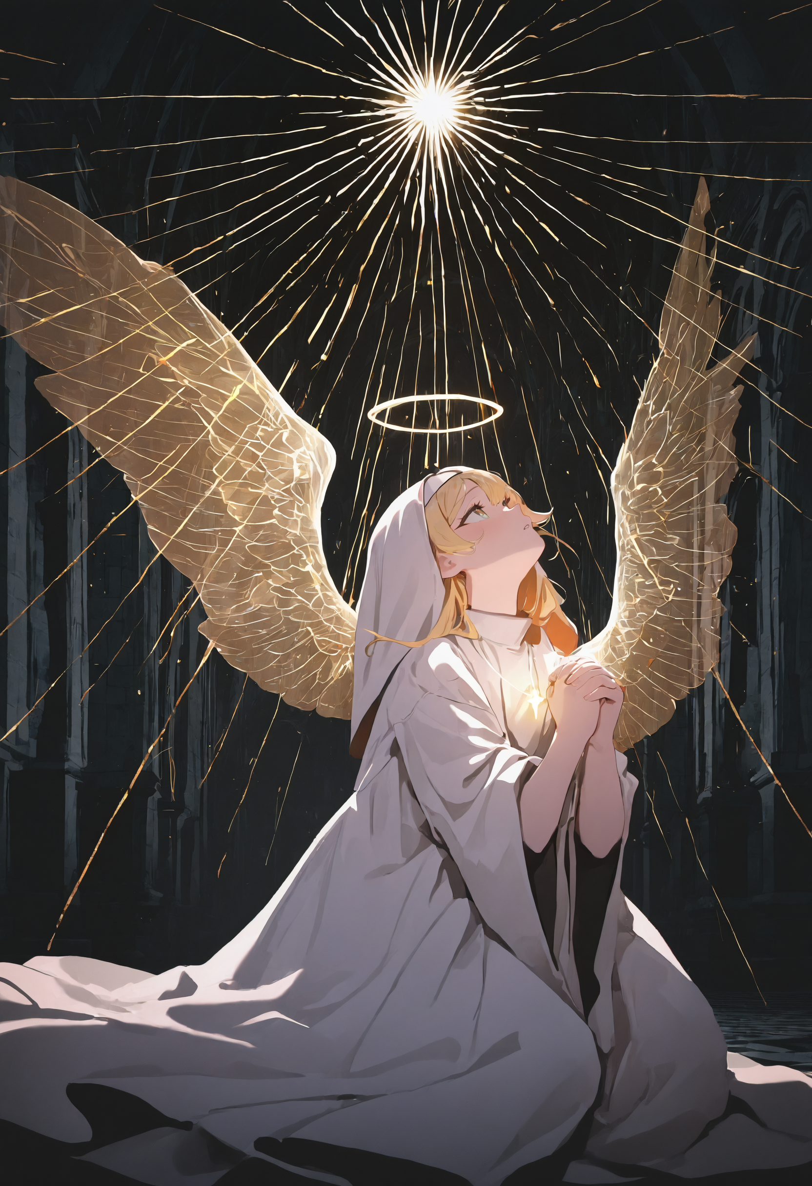 masterpiece, best quality, newest, absurdres, highres, very awa, anime screencap, no lineart, abstract, indoors, church, ambient occlusion, low lighting, dark background, simple background, 1girl, solo, blonde, kneeling, praying, (transparent wings:1.2), angel wings, nun, white robes, solemn expression, looking up, glowing pendant, sunlight, god rays, close up, upper body, dynamic angle